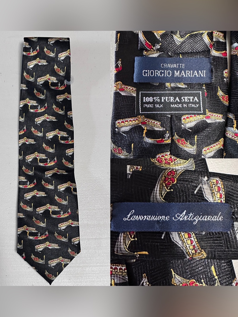 Giorgio Mariani Cravatte 100% Silk Tie Made In Italy Black w! Venetian gondolas